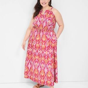 Lane Bryant 18 Pink Ikat Split Neck Tie Waist Maxi Dress